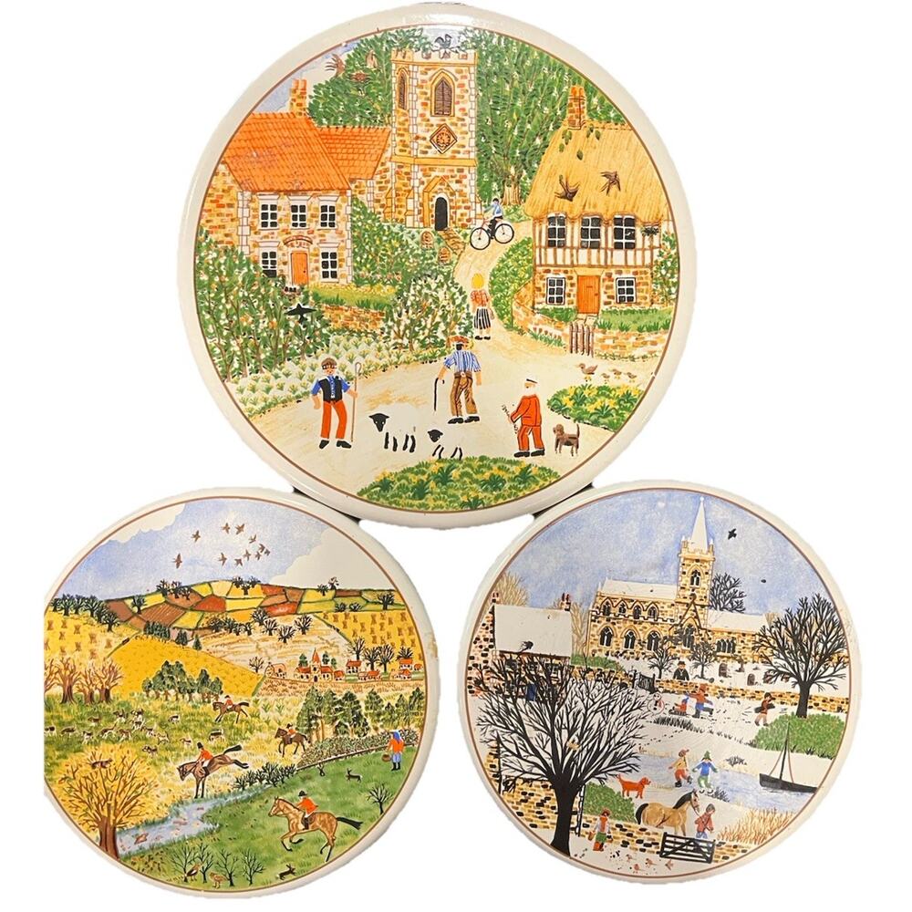 Set Of 3 Vintage Stove Burner Covers, Enamel Ware, English Village, Folk Art